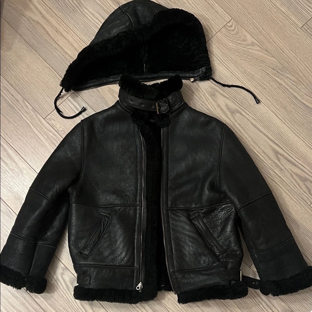 Black Shearling Leather Jacket with Removable Hood